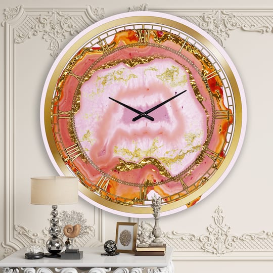 Designart 'Pink And Gold Chalcedony Agate Modern Wall Clock